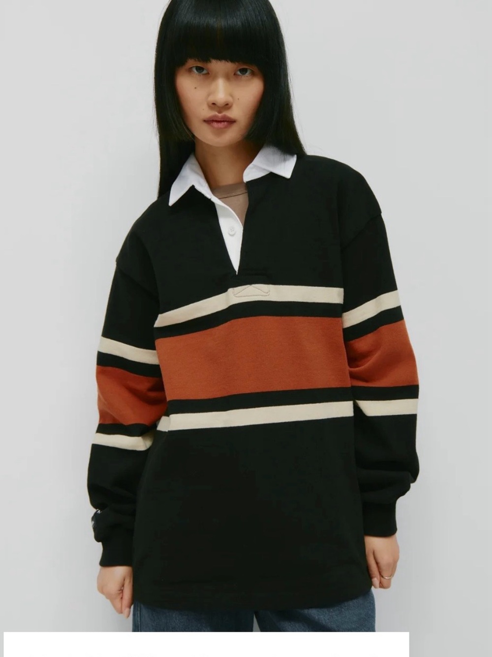 KOTN Black Long Sleeve Rugby Top with Rust and Cream Stripes